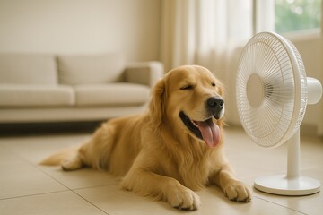 Golden retriever with tongue out lies on a tiled floor in front of a rotating fan