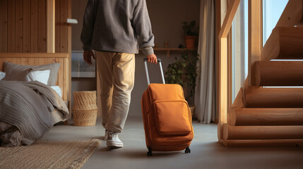 Fototapeta premium A person is walking with a brown suitcase