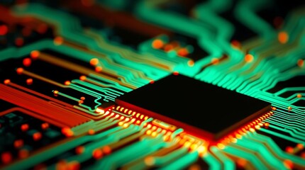 AI Processor with Glowing Green Circuit in Digital High-Tech Style for Artificial Intelligence Concept