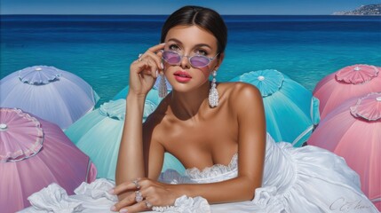 Elegant Bride Relaxing by the Ocean with Colorful Umbrellas