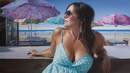 Woman in Polka Dot Dress at Beach Bar with Colorful Umbrellas