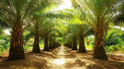 Obraz premium Palm oil plantation with symmetrical rows viewed from above under midday sunlight