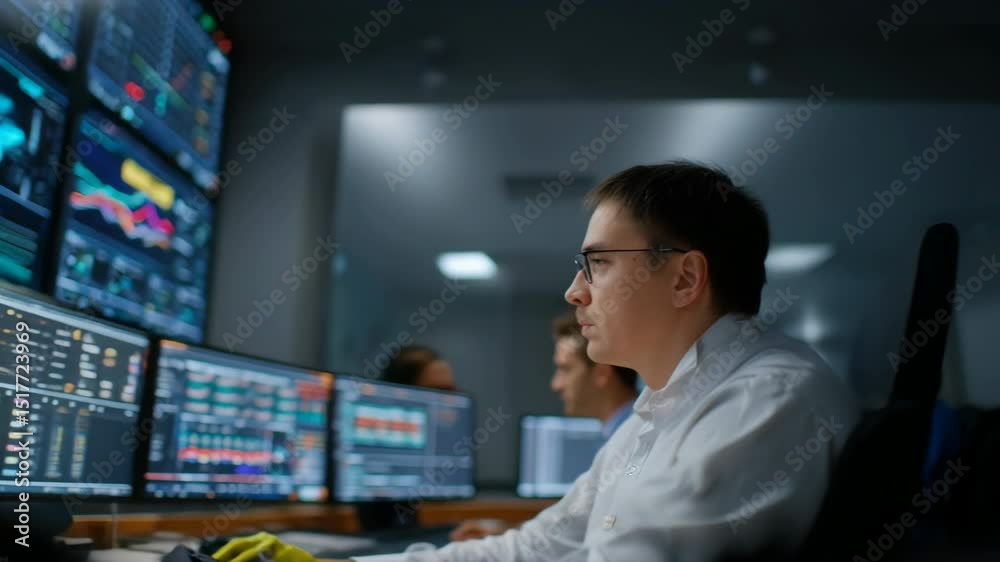 Aufkleber focused system administrator managing network operations through multiple monitors, analyzing real t