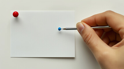 Hand pinning a blank white note card with a blue pushpin on a whiteboard—concept for reminders, tasks, organization, or planning.

