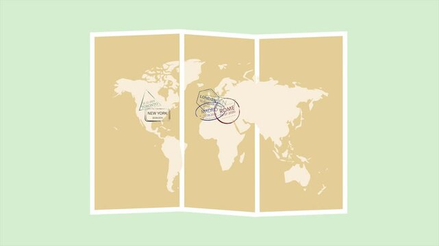 A world map on a brown background that opens into three parts and shows the stamps of travelers from different cities, countries. Passport, visa stamps on Earth. International arrival, airport sign.
