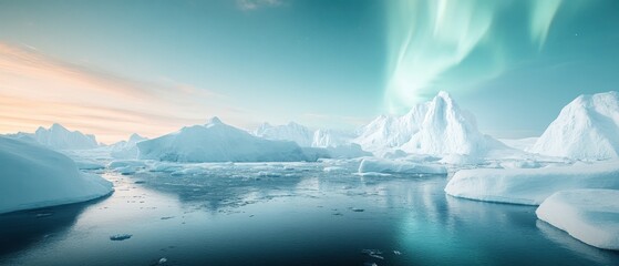 Icy landscapes. Frozen water reflects aurora borealis. Mountains rise above the arctic scenery. Ice floes float on cold sea under bright sky.