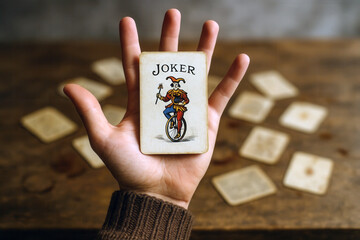 Hand holding joker card over blurred wooden table with scattered cards