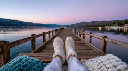 Cozy Feet on Dock Overlooking Serene Lake at Twilight Hour