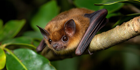 Obraz premium Small bat perched on a tree branch in a dense jungle with clear lighting on fur 