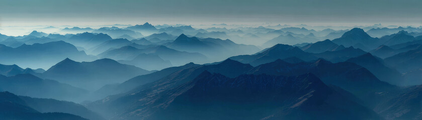 Majestic mountain range shrouded in thick fog, creating serene and mysterious atmosphere. layered peaks fade into distance, showcasing beauty of nature landscape