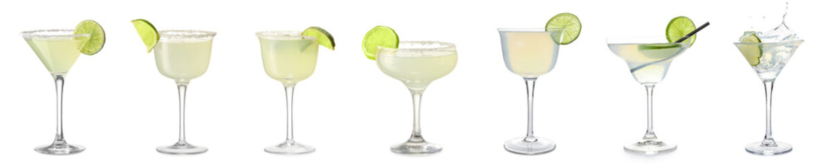 Set of tasty margarita cocktail on white background