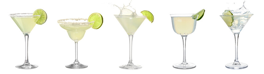 Set of tasty margarita cocktail on white background