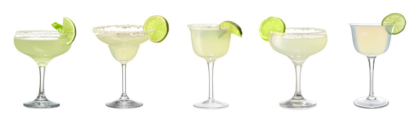 Set of tasty margarita cocktail on white background