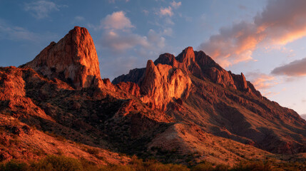 Fototapeta premium Majestic mountains illuminated by glowing red orange sunset sky create stunning landscape. rugged cliffs and serene atmosphere evoke sense of tranquility and awe