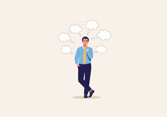 Flat vector illustration of a contemplative man in business attire standing centrally against a beige background, with six white thought bubbles above his head, suggesting reflection or decision-makin