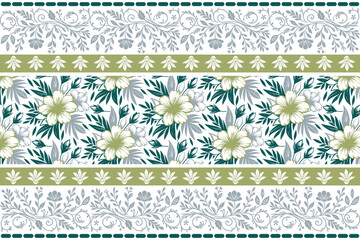 Seamless botanical pattern.Minimal floral border.One line flower sketch.Clean floral art.Women wear floral elements

