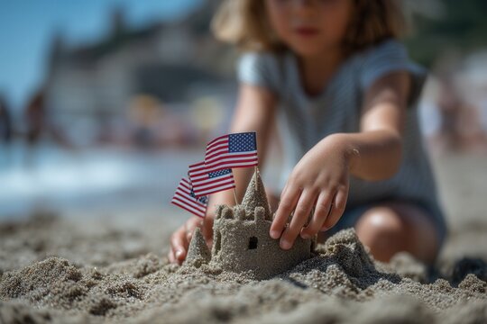Child building sandcastle with tiny American flags on a beach for summer holiday fun