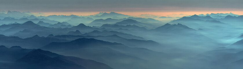 Breathtaking view of alpine range, showcasing layered mountains enveloped in thick fog. serene atmosphere evokes sense of tranquility and wonder, perfect for nature lovers