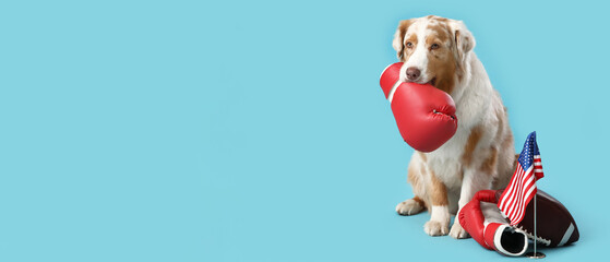 Cute dog with boxing gloves, rugby ball and USA flag on blue background. Independence Day...
