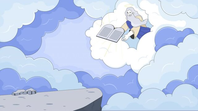 God extending ten commandments from clouds 2D cartoon animation. Rocky cliff edge against sky. Divine being giving stone tablets animated flat character 4K video background scene storytelling