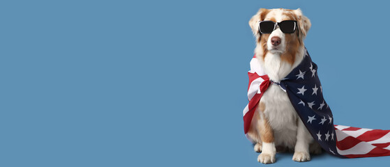 Cute dog in sunglasses with USA flag on blue background. Independence Day celebration