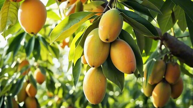 Fresh ripe mango fruits on branch against a beautiful bokeh of mango trees. Sweet tropical fruit, natural background of mango plantation. Beautiful sunlight