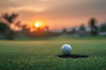 Golf ball on green at sunset (2)