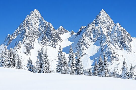 Majestic snow-covered mountains rise against a clear blue sky in winter landscape