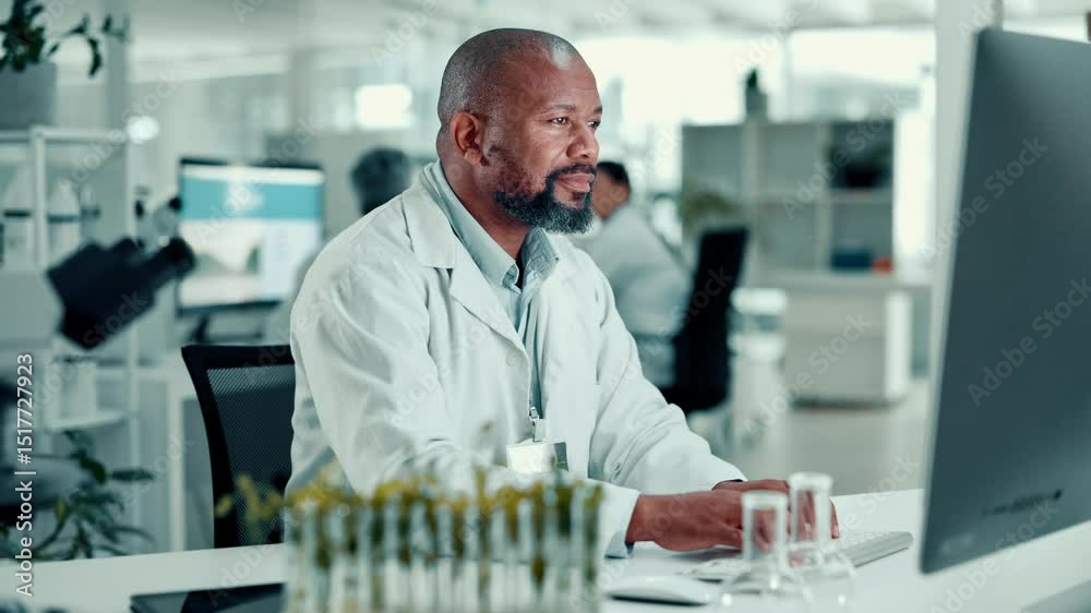 Poster man, scientist and typing on computer in lab for medical research, plant experiment and report. male