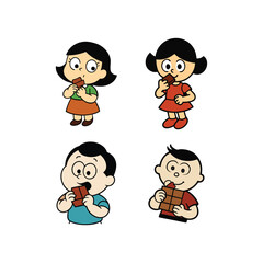A set of cartoon boy and girl eating chocolate vector illustration