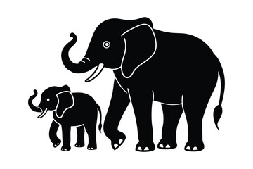 Elephant and her kid silhouette vector illustration