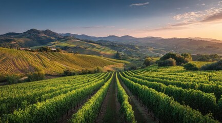 Fototapeta premium Panoramic vineyard landscape at golden hour. Rolling hills, rows of vines, and distant mountains under a vibrant sunset sky