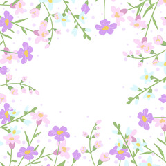 Floral background with cute pattern of wild flowers and herbs. Frame with spring and summer plant elements. Vector illustration for greeting card, invitation, social media, poster, design, packaging
