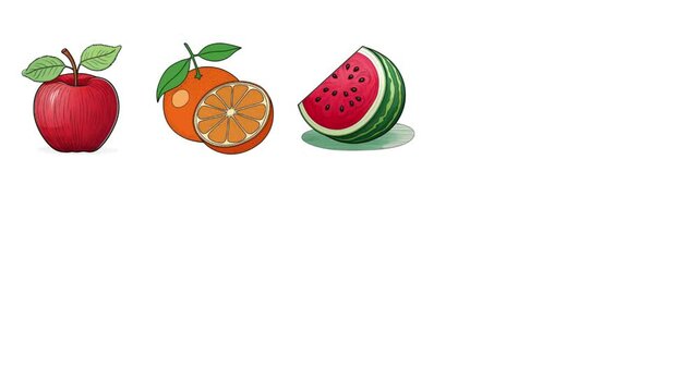 Fruits sketch animation. fruit: Apple, Clementine, watermelon, Cherry, Grapes, blueberry, Avocado, Custard Apple, Dragonfruit, Dates