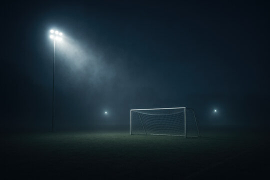 Soccer goal standing on foggy field.