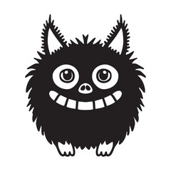 Fluffy Cartoon Monster Silhouette – Cute Black & White Vector