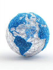 3D globe, network of light gray threads.  Blue continents