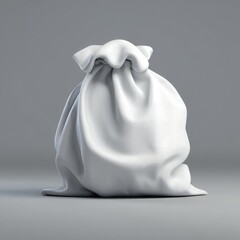 A plain white fabric sack, full, sits centered on a muted gray background