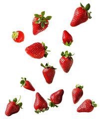 Falling strawberries with strawberry leaf. Isolated on a white background with clipping path