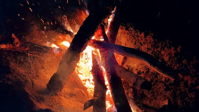 Astrakhan Region,Russia: A campfire on a sandy beach on the banks of the Volga River. A burning campfire on the banks of the Volga River in complete darkness. Sparks from the campfire, flames at night
