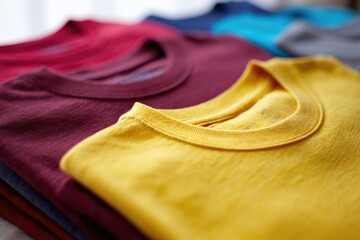 Close-up of folded t-shirts in various vibrant colors
