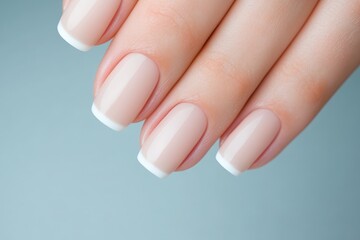 Professional nail art featuring elegant French manicure with neutral polish tones and perfectly shaped fingernails displayed in sophisticated hand pose for beauty industry and salon promotion