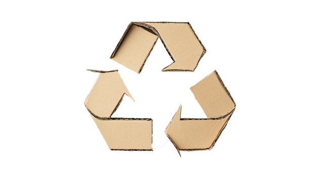 Cardboard box with green recycle symbol for eco and waste conservation, isolated on transparent background. PNG