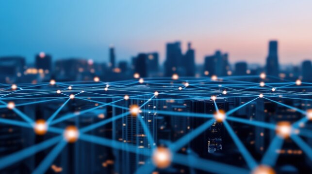 Smart city skyline with transparent digital connectivity mesh network overlaying urban landscape. Intelligent device integration and advanced technology infrastructure for modern communication.