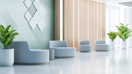 Contemporary sustainable workplace featuring environmental technology visualization screen and minimalist eco friendly furniture. Renewable energy solutions for modern corporate green business concept