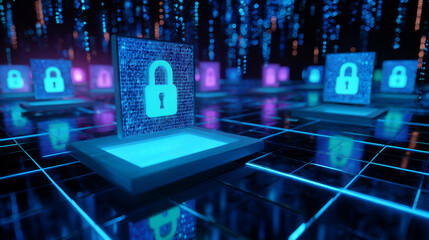 Advanced cybersecurity booth installations with glowing locks and digital encryption design.