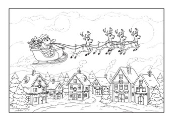 Obraz premium Festive santa claus riding reindeer sleigh coloring page illustr