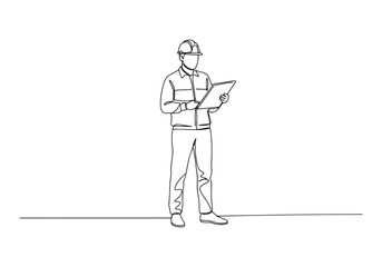 Single Line Illustration of a Male Engineer Examining a Clipboar