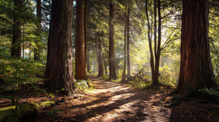Obraz premium Serene forest path illuminated by early morning rays, surrounded by tall trees and lush greenery, creating peaceful atmosphere for nature lovers