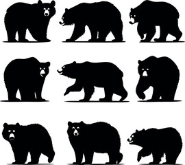 Black Bear Silhouettes Vector Illustration, Set of Nine Black Bear Icons
